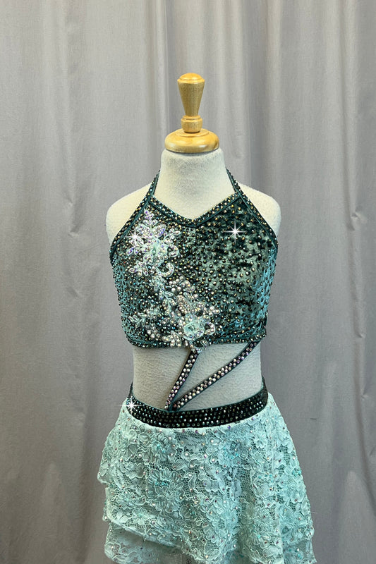 Custom Sage Velvet Top with Strappy Detailing and a Powder Blue Lace Skirt - Rhinestones