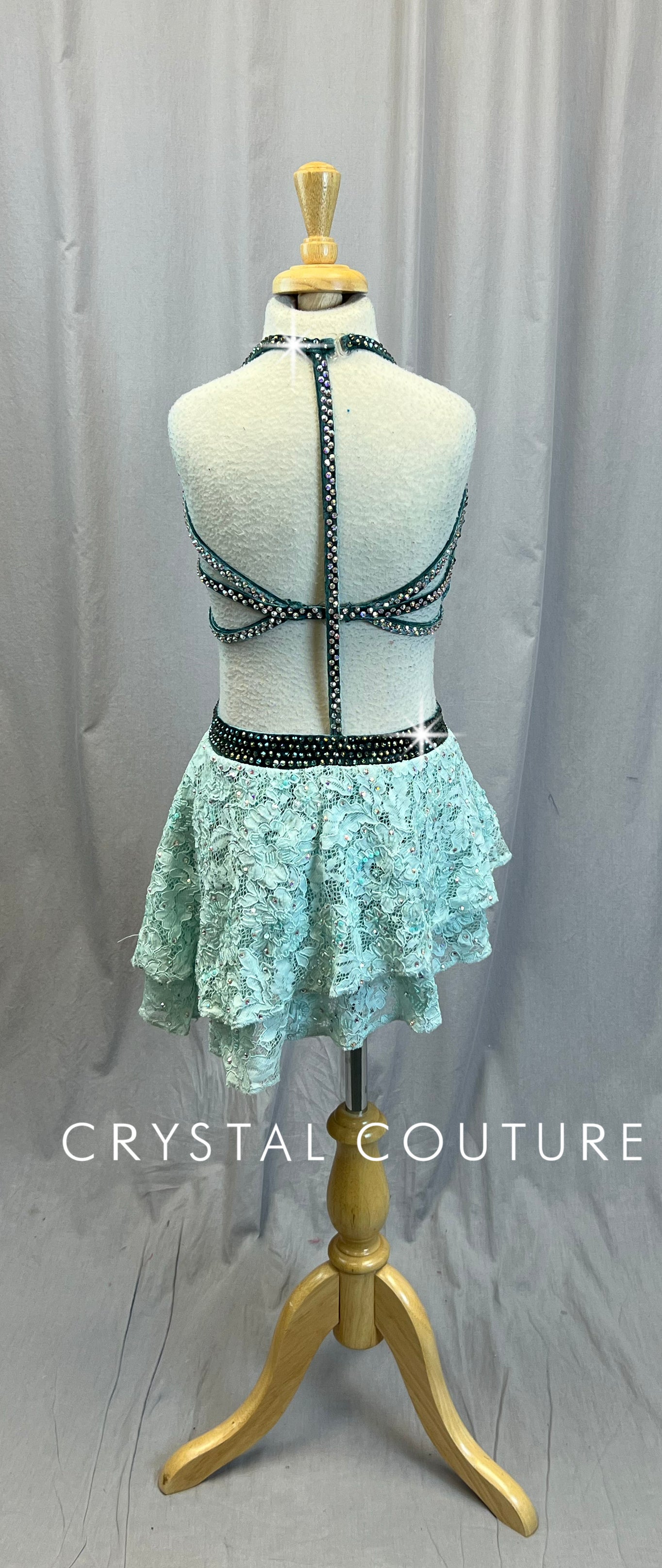 Custom Sage Velvet Top with Strappy Detailing and a Powder Blue Lace Skirt - Rhinestones