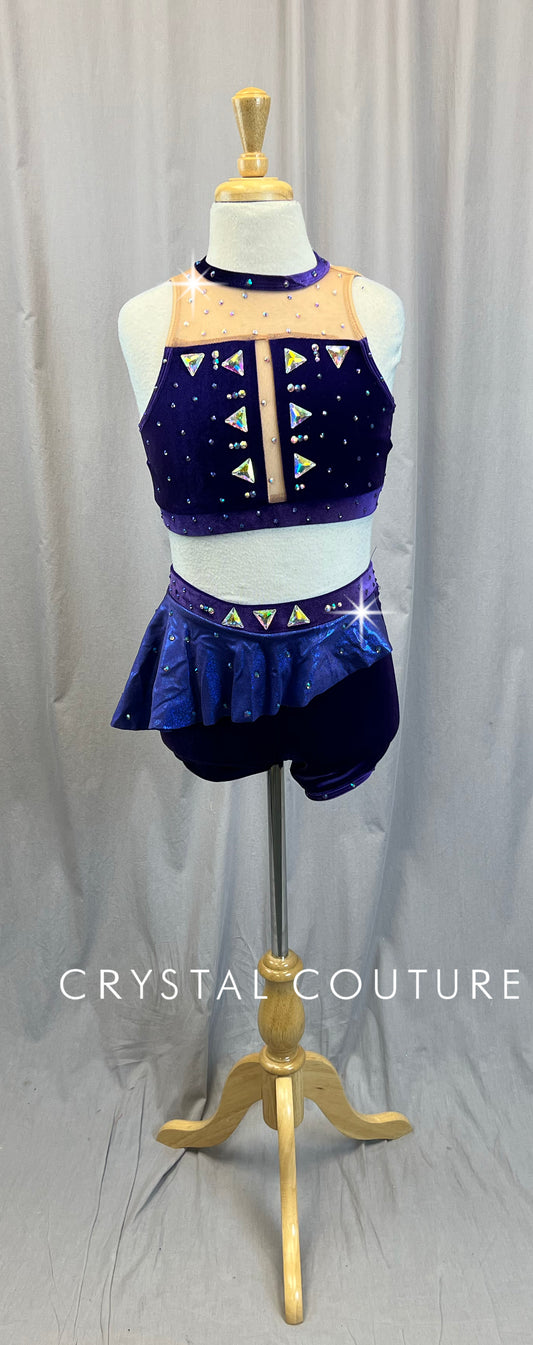 Custom Purple Velvet Crop Top and Shorts Two-Piece Set - Rhinestones