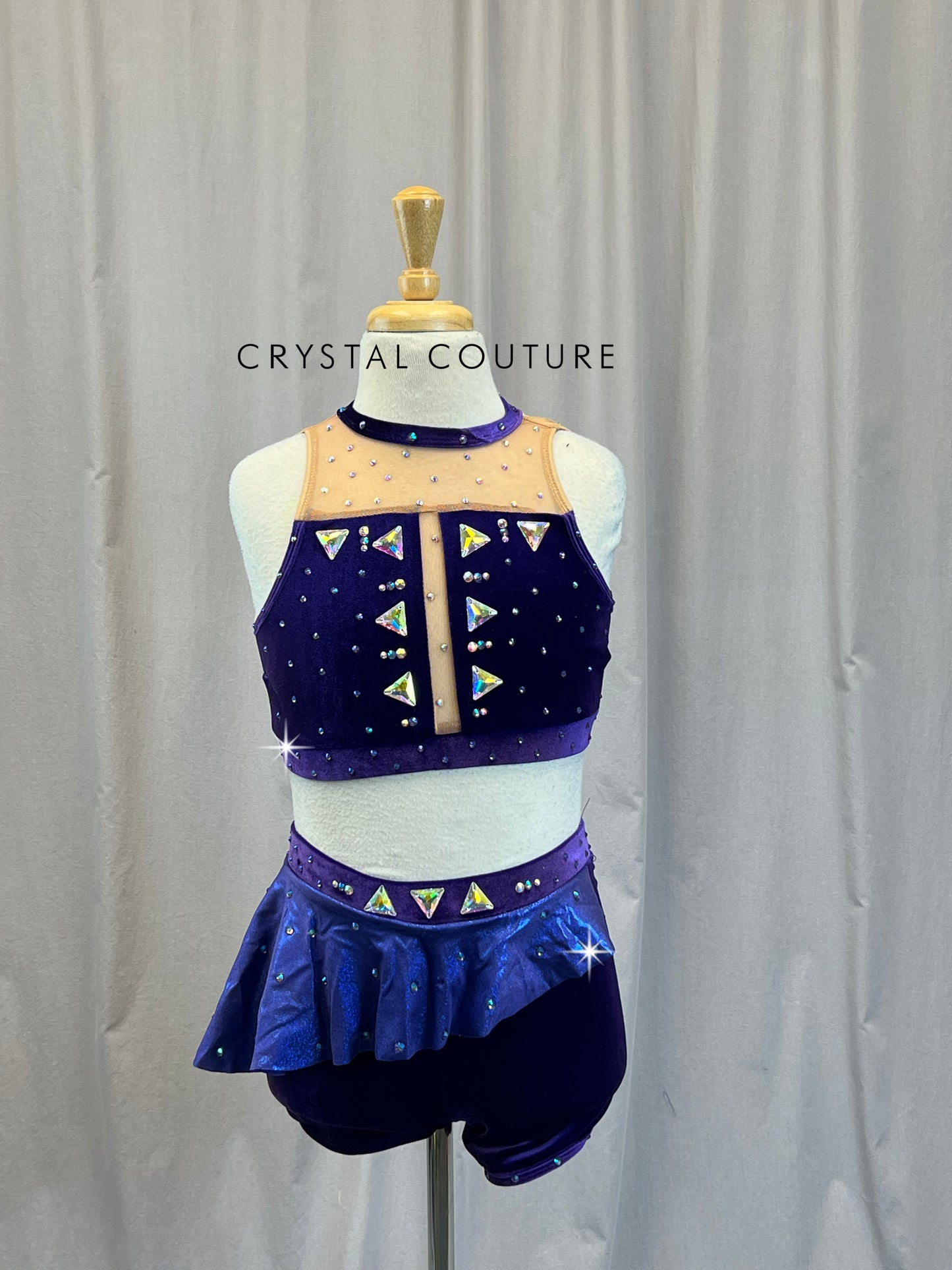 Custom Purple Velvet Crop Top and Shorts Two-Piece Set - Rhinestones