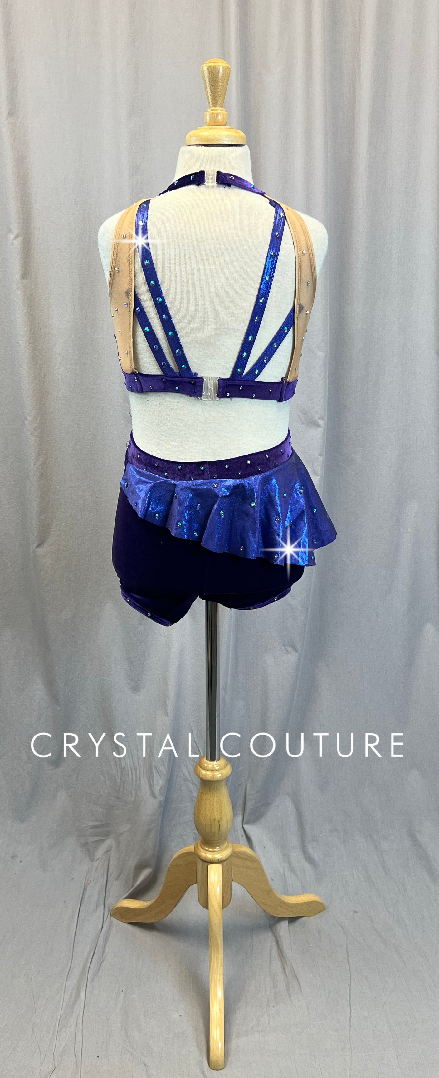 Custom Purple Velvet Crop Top and Shorts Two-Piece Set - Rhinestones