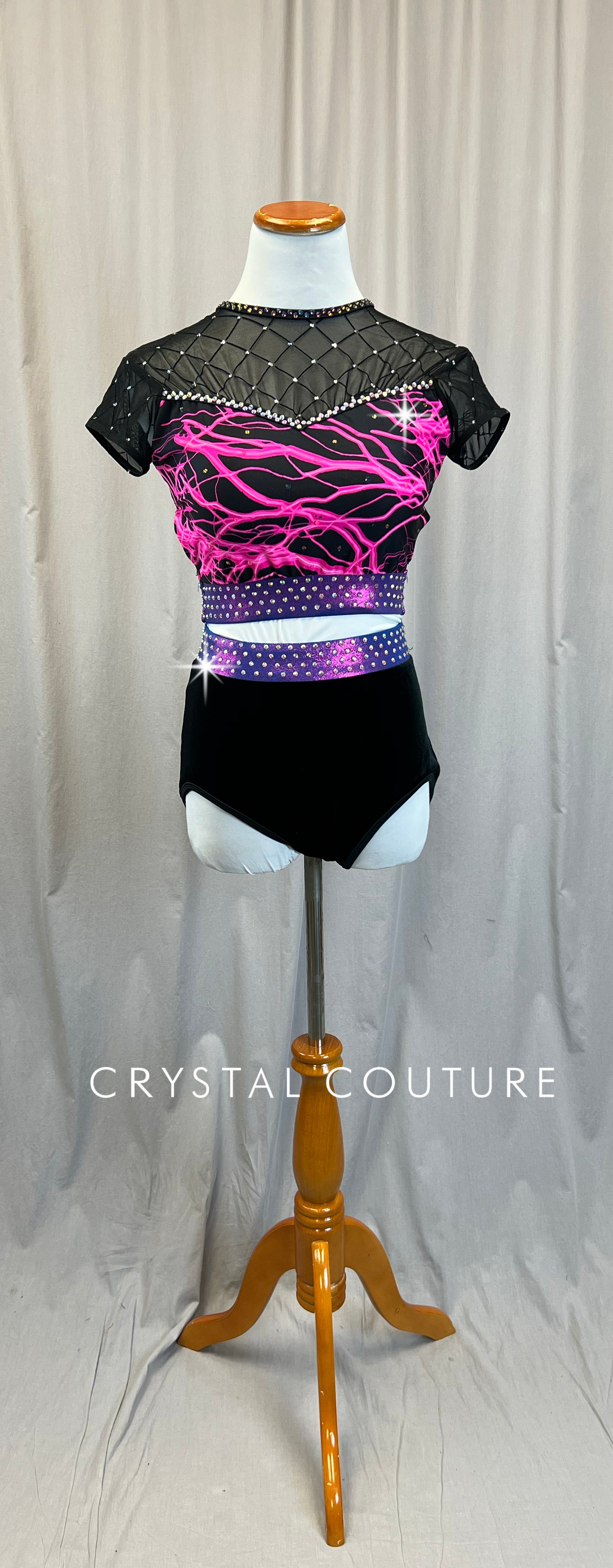 Custom Black and Pink Lightning Bolt Short Sleeve and Shorts Two-Piece - Rhinestones