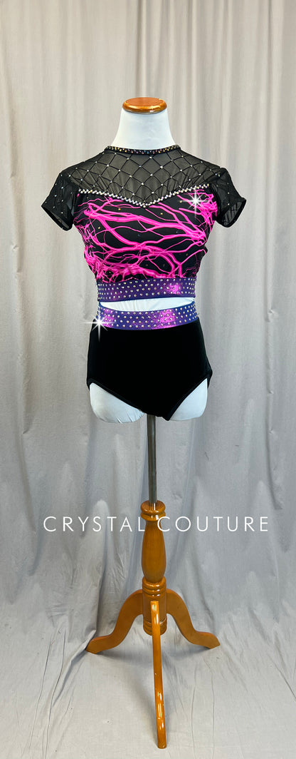 Custom Black and Pink Lightning Bolt Short Sleeve and Shorts Two-Piece - Rhinestones