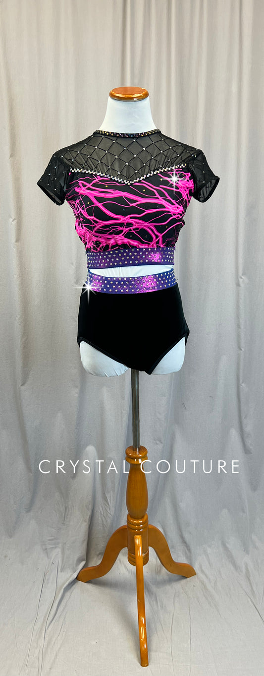Custom Black and Pink Lightning Bolt Short Sleeve and Shorts Two-Piece - Rhinestones