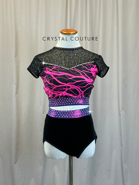 Custom Black and Pink Lightning Bolt Short Sleeve and Shorts Two-Piece - Rhinestones