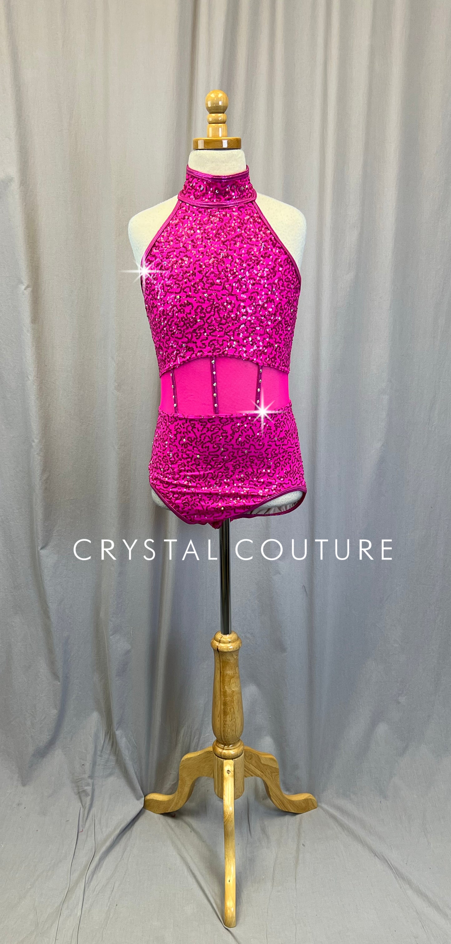 Hot Pink Sequin and Mesh Leotard - Rhinestones