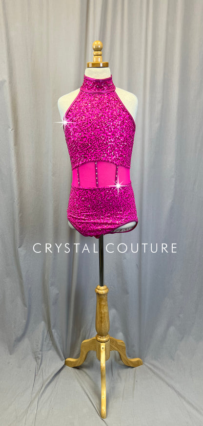 Hot Pink Sequin and Mesh Leotard - Rhinestones