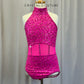 Hot Pink Sequin and Mesh Leotard - Rhinestones