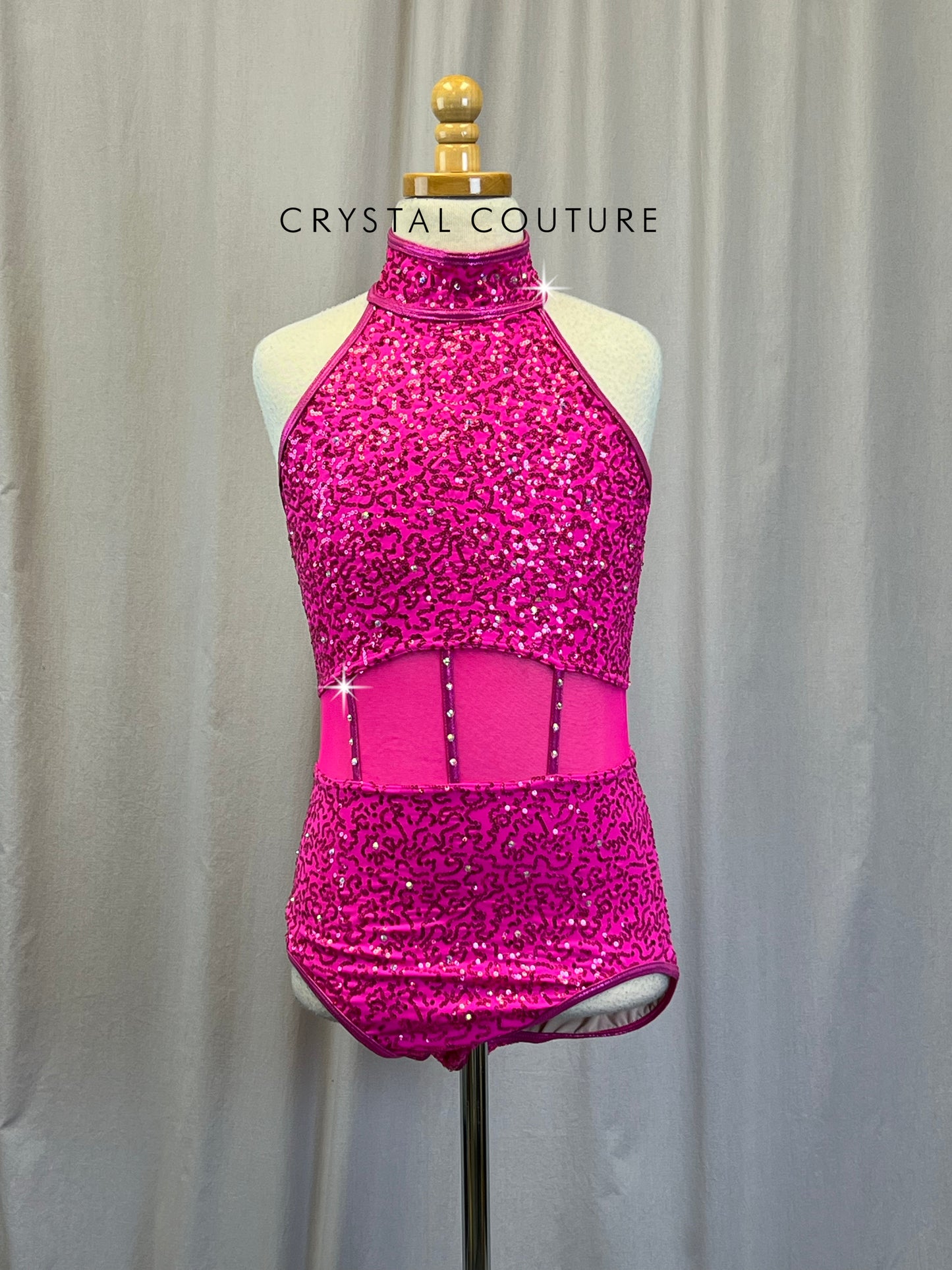 Hot Pink Sequin and Mesh Leotard - Rhinestones