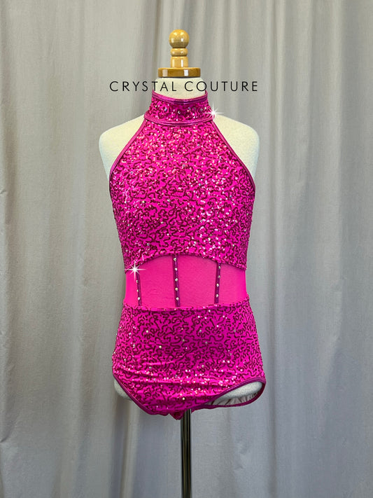 Hot Pink Sequin and Mesh Leotard - Rhinestones