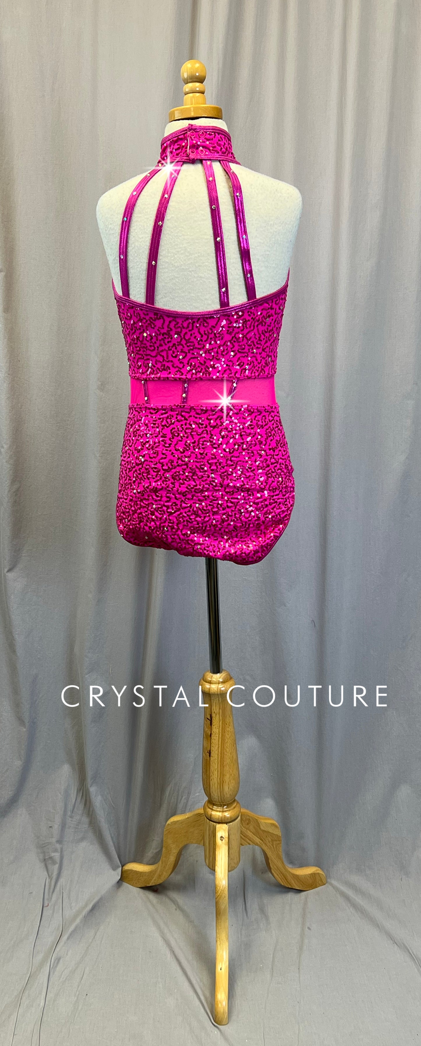 Hot Pink Sequin and Mesh Leotard - Rhinestones