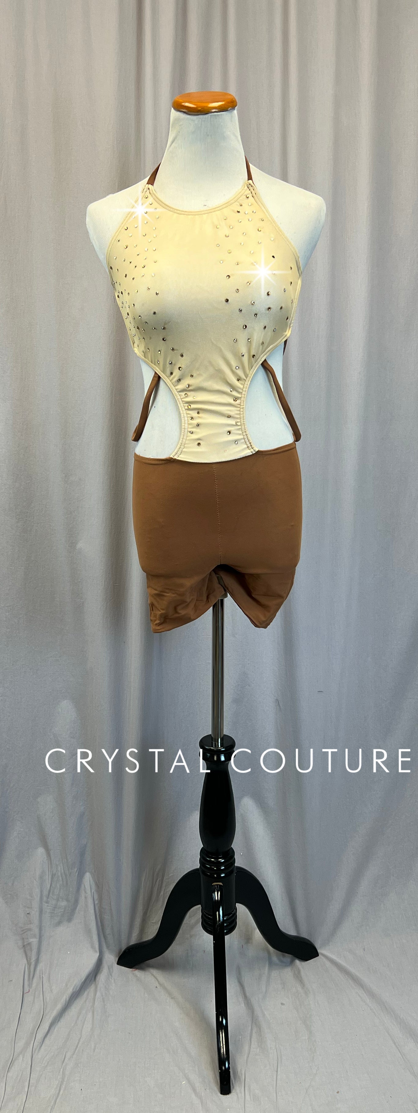 Tan/Caramel Strappy Biketard - Rhinestones