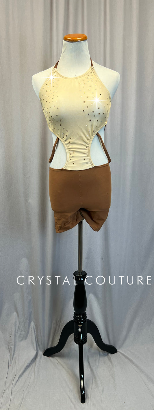 Tan/Caramel Strappy Biketard - Rhinestones