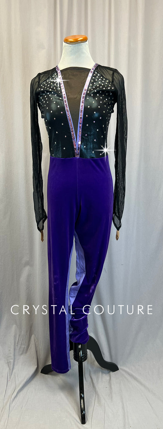 Black Mesh and Purple Velvet Long Sleeve Unitard - Rhinestones