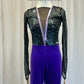 Black Mesh and Purple Velvet Long Sleeve Unitard - Rhinestones