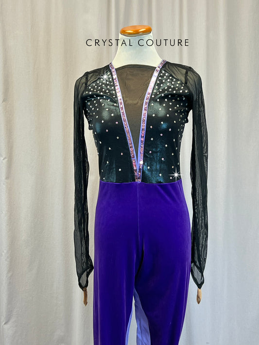 Black Mesh and Purple Velvet Long Sleeve Unitard - Rhinestones