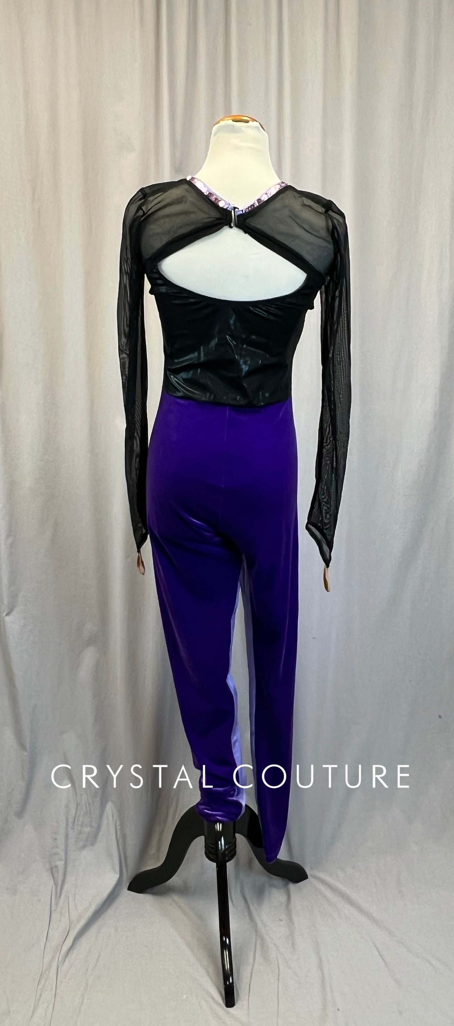 Black Mesh and Purple Velvet Long Sleeve Unitard - Rhinestones