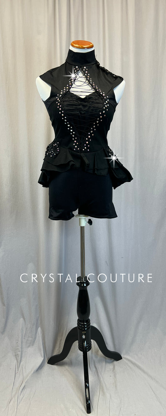 Black Corset Style Biketard with half-skirt - Rhinestones