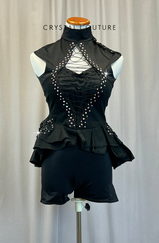 Black Corset Style Biketard with half-skirt - Rhinestones