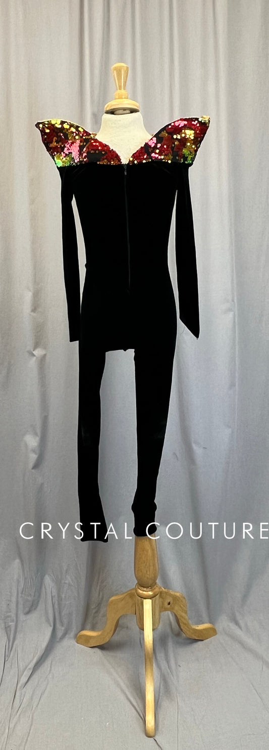 Custom Black Velvet Long Sleeve Unitard with Sequin Collar