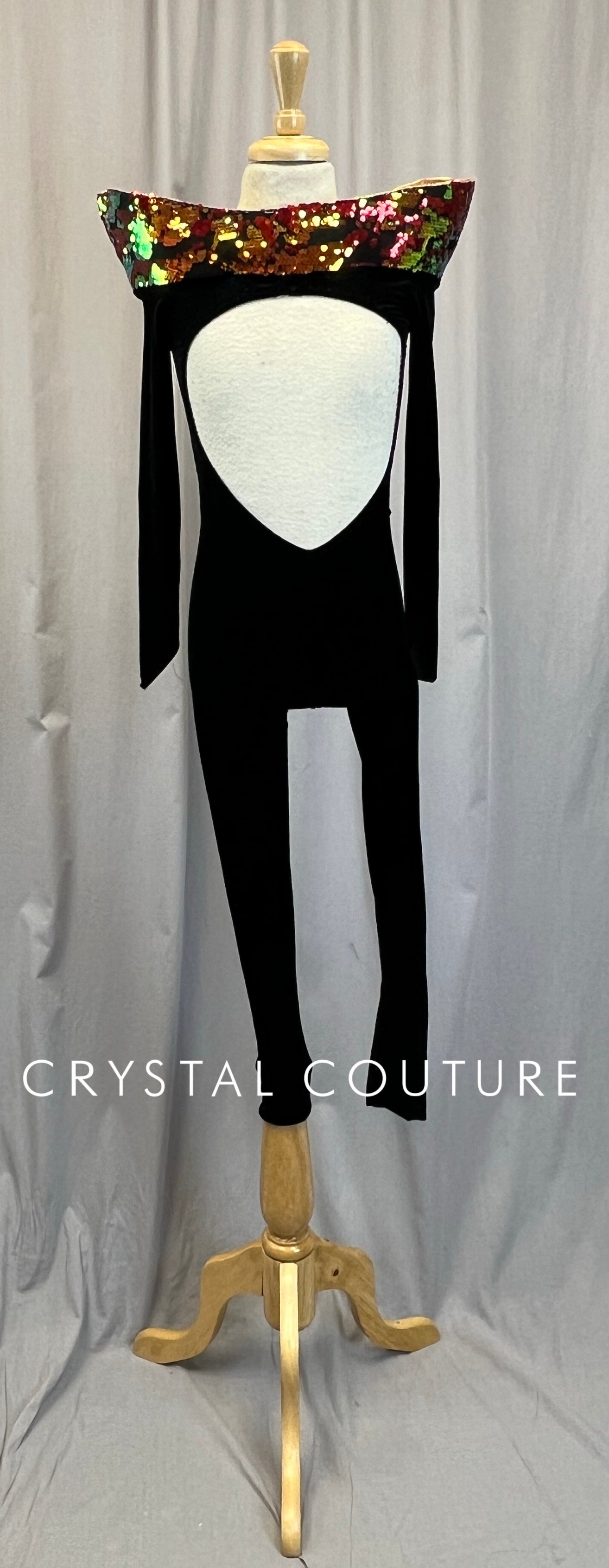 Custom Black Velvet Long Sleeve Unitard with Sequin Collar
