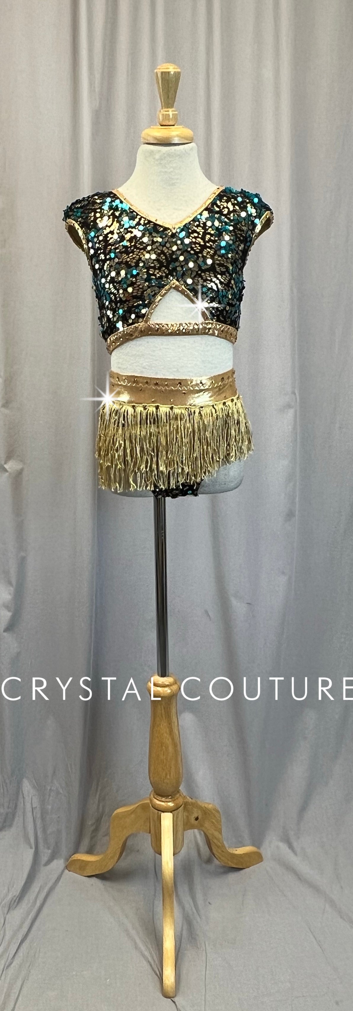 Custom Metallic Gold with Black Lace and Teal Sequins Two-Piece Set-Rhinestones