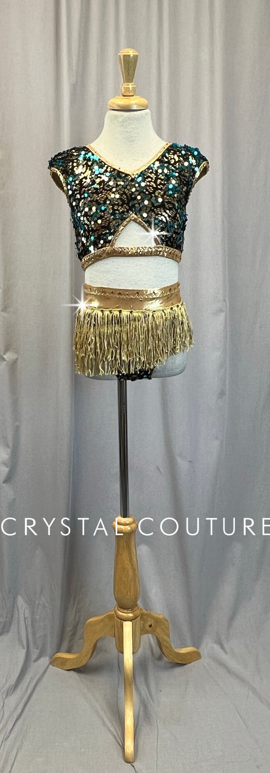 Custom Metallic Gold with Black Lace and Teal Sequins Two-Piece Set-Rhinestones