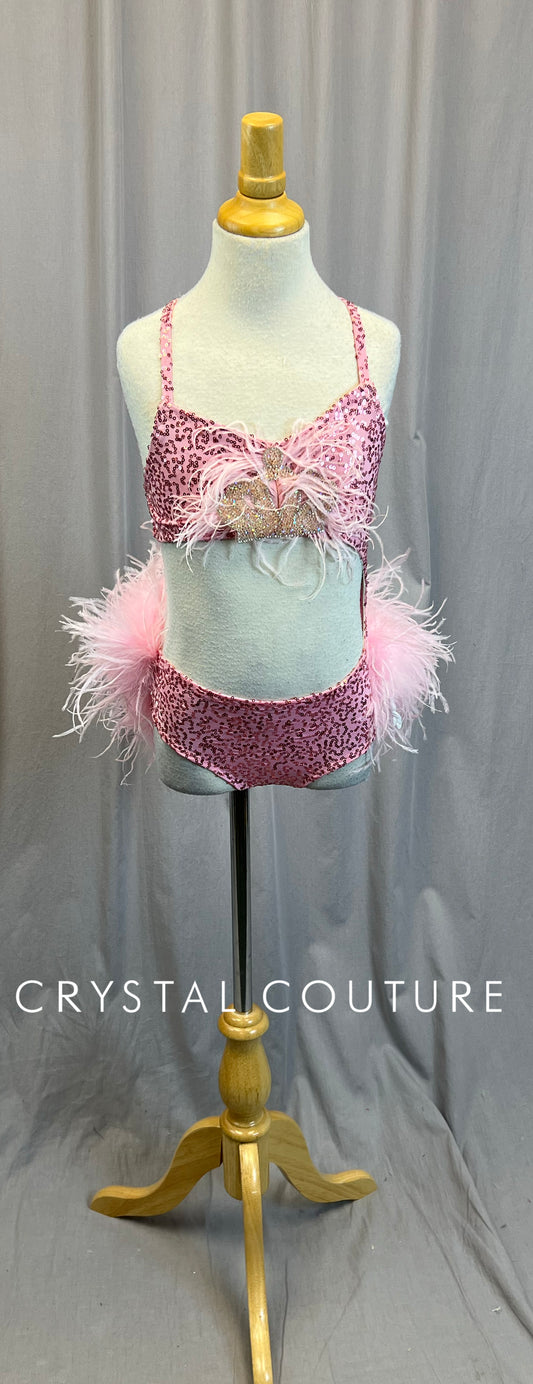 Custom Pink Sequin and Feather Asymetric Leotard