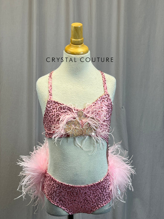 Custom Pink Sequin and Feather Asymetric Leotard