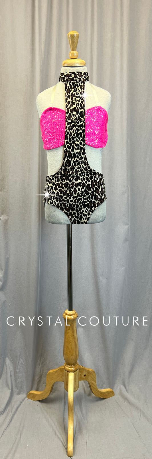 Custom Neon Pink and Cheetah Print Two-Piece Set - Rhinestones