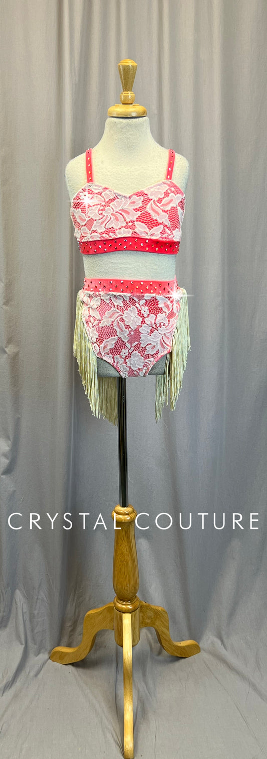 Custom Coral and White Two Piece Set with Fringe - Rhinestones