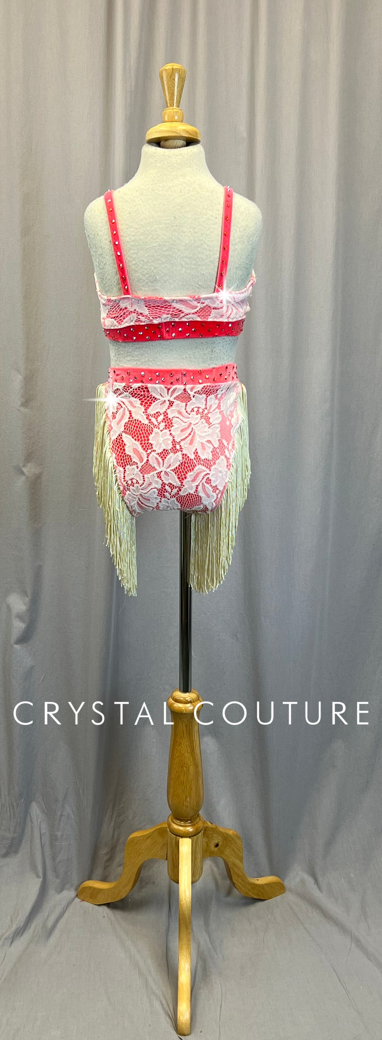 Custom Coral and White Two Piece Set with Fringe - Rhinestones