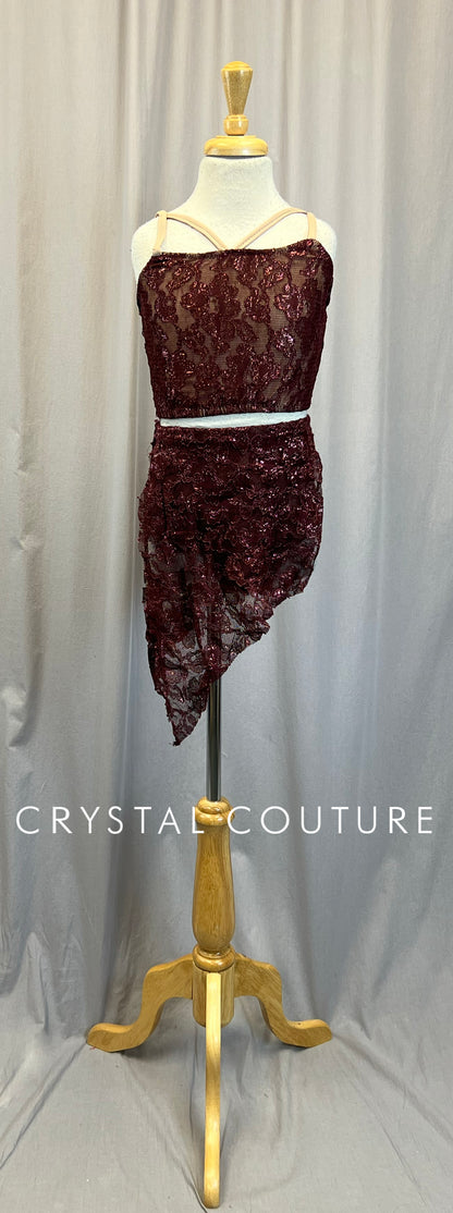 Maroon Lace Crop Top and Skirt Two-Piece Set