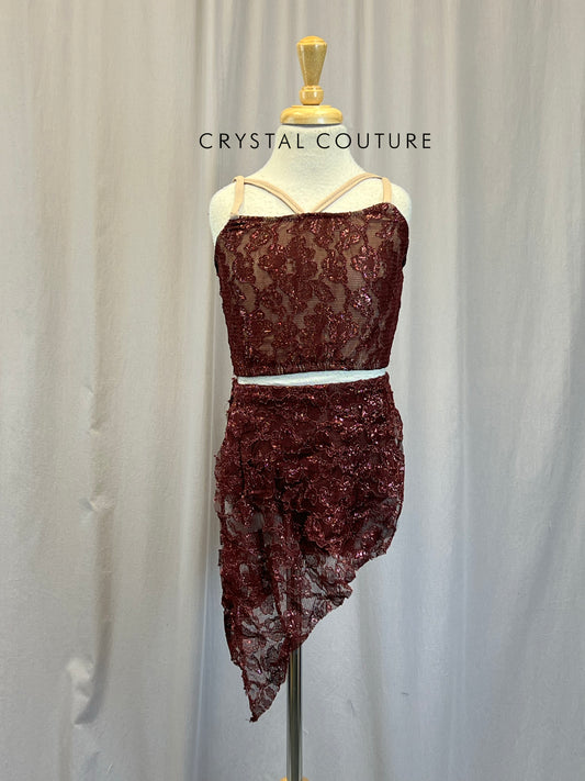 Maroon Lace Crop Top and Skirt Two-Piece Set