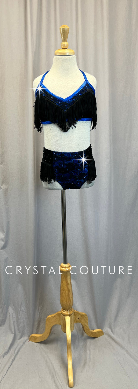 Royal Blue and Black Lace and Velvet Two-Piece Set - Rhinestones