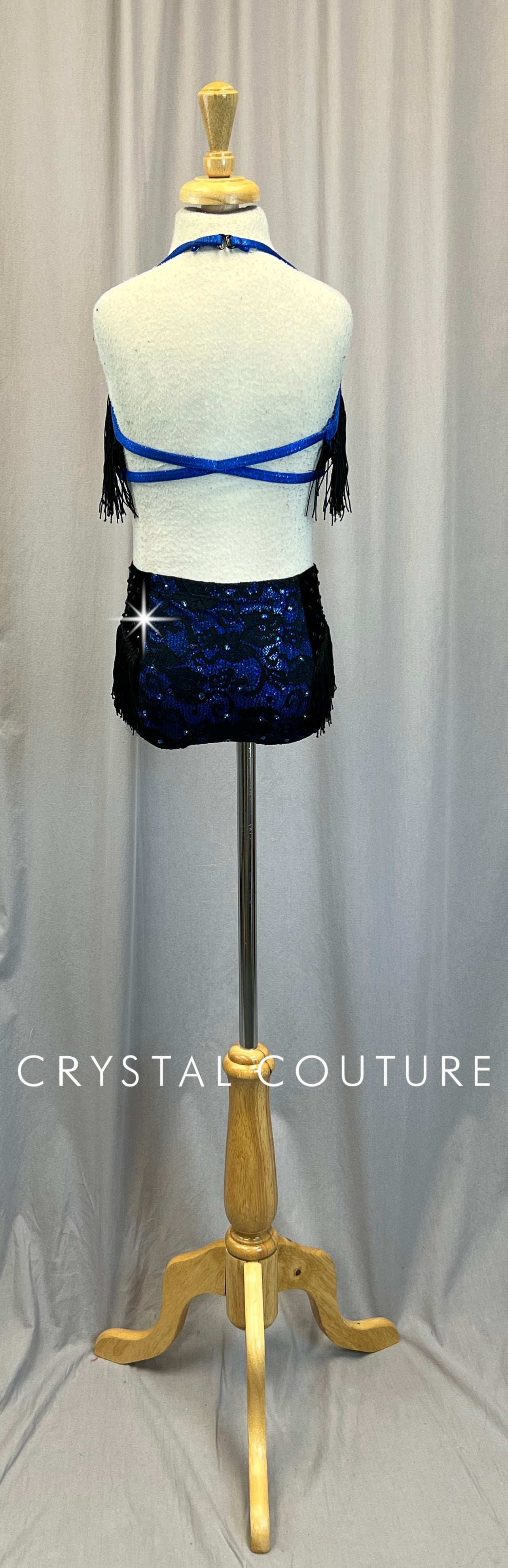 Royal Blue and Black Lace and Velvet Two-Piece Set - Rhinestones