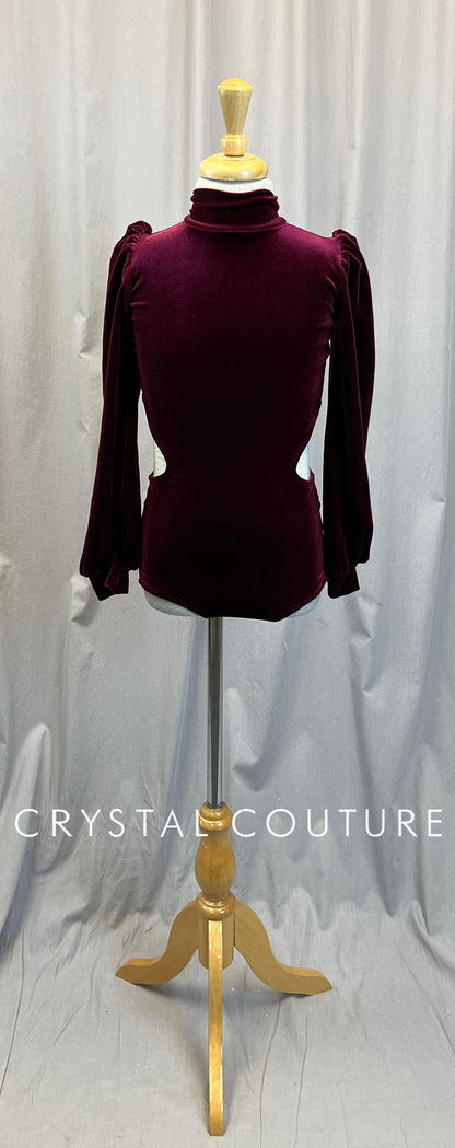 Maroon Velvet Mock Neck Puff Sleeve Leotard