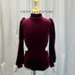 Maroon Velvet Mock Neck Puff Sleeve Leotard