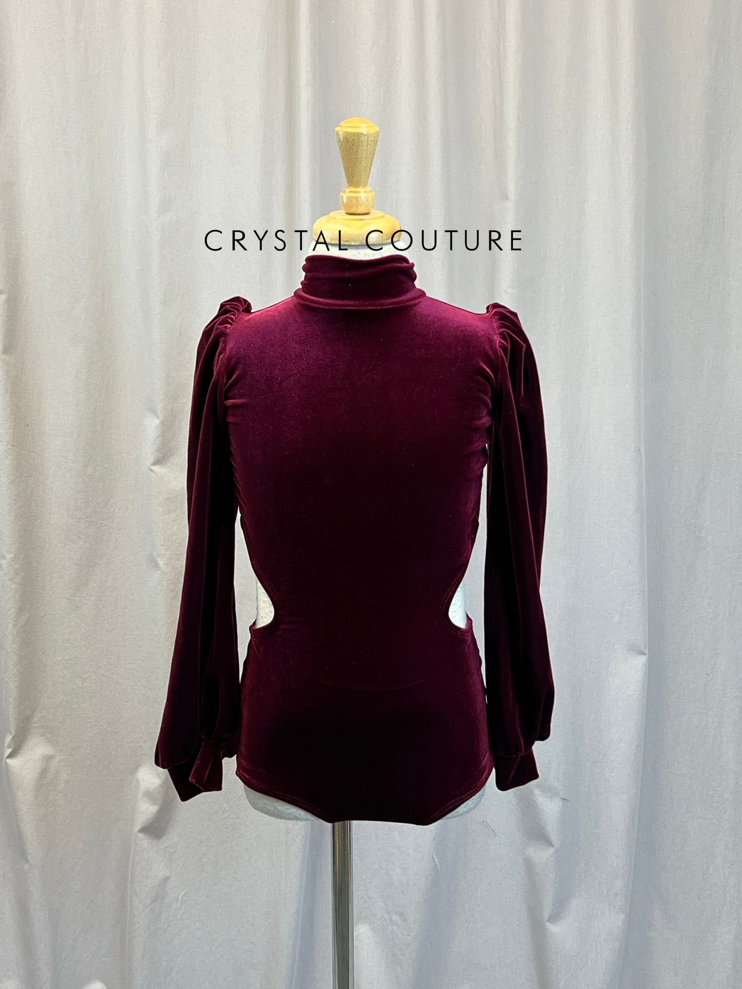 Maroon Velvet Mock Neck Puff Sleeve Leotard