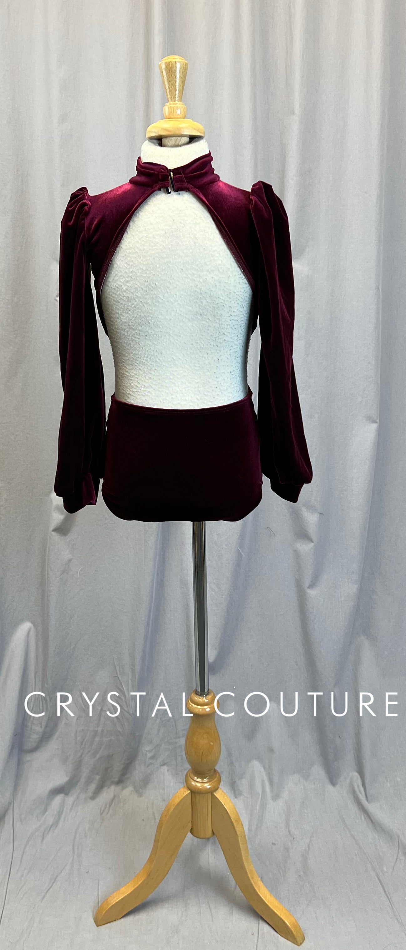 Maroon Velvet Mock Neck Puff Sleeve Leotard