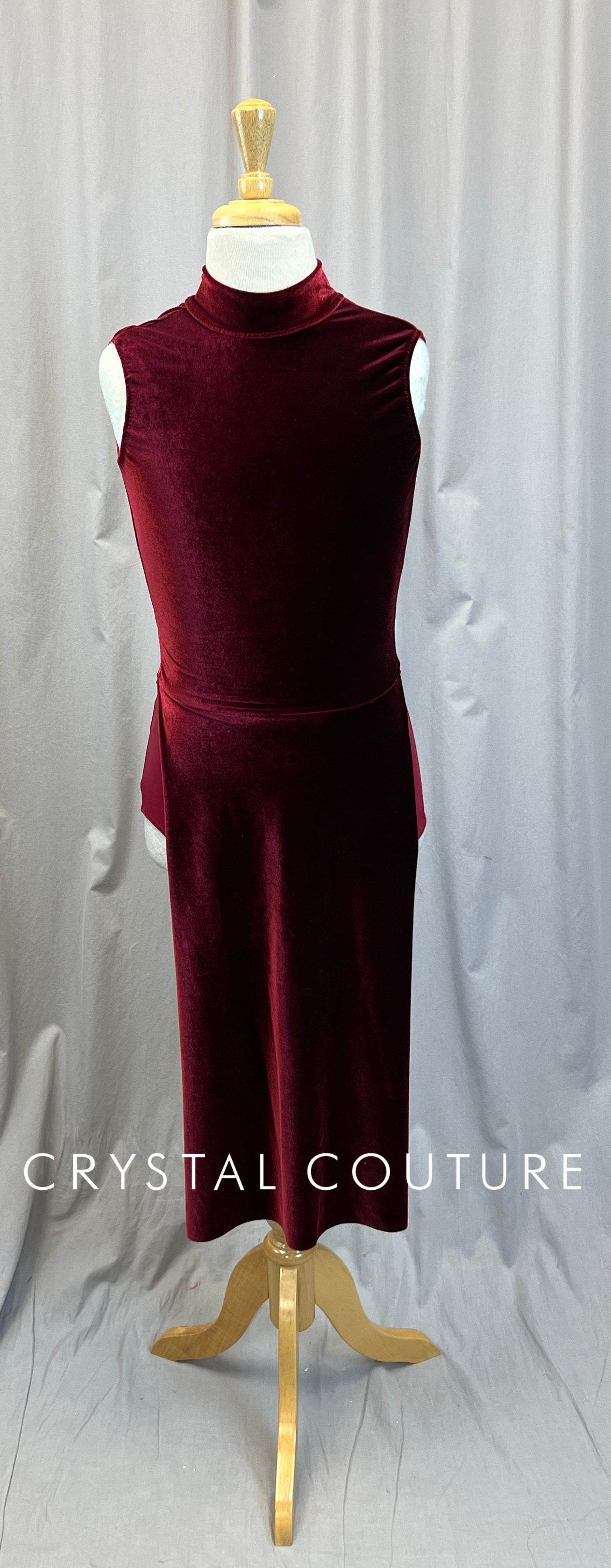 Maroon Velvet Mock Neck Sleeveless Long Dress