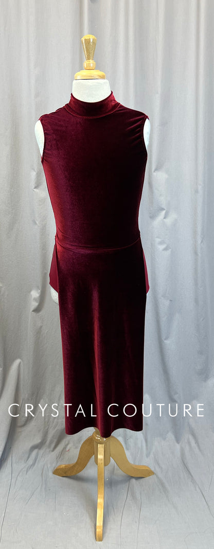 Maroon Velvet Mock Neck Sleeveless Long Dress
