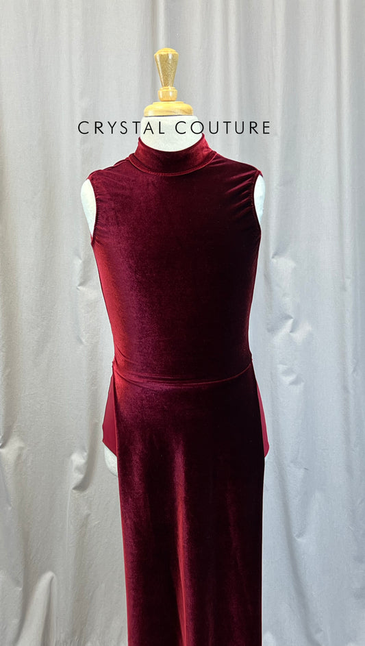 Maroon Velvet Mock Neck Sleeveless Long Dress