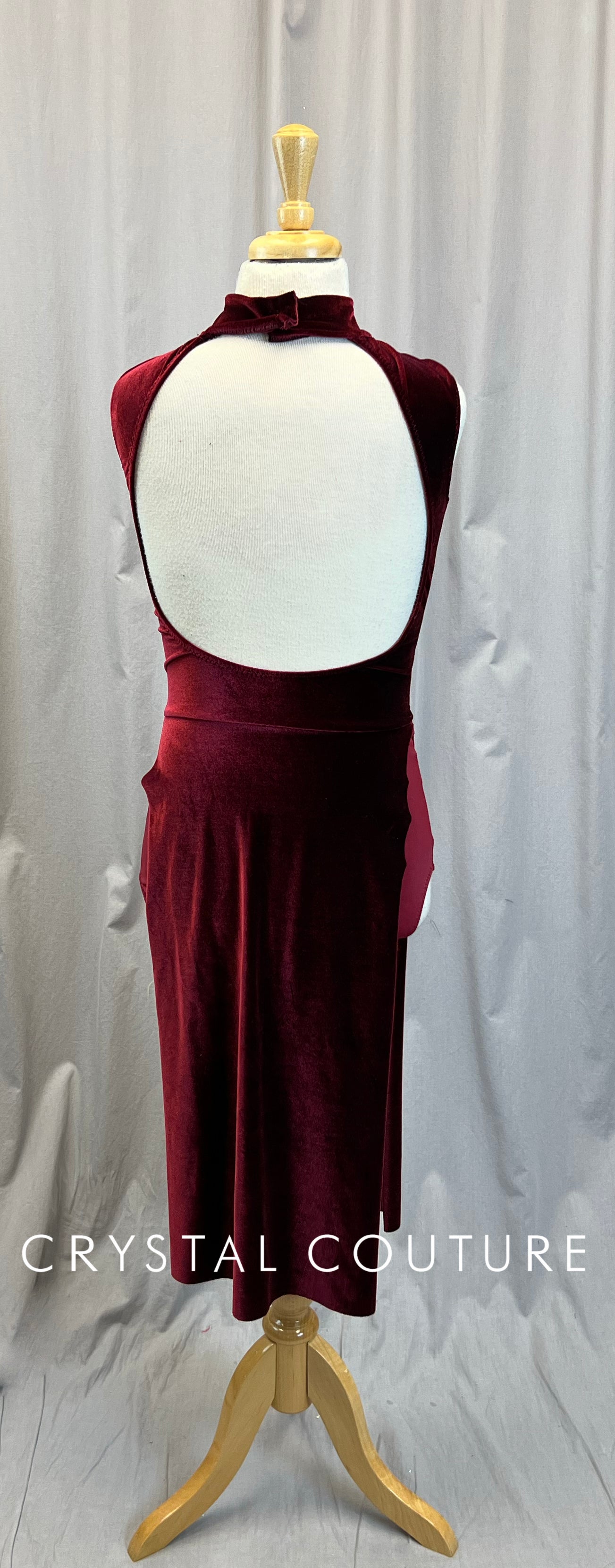 Maroon Velvet Mock Neck Sleeveless Long Dress