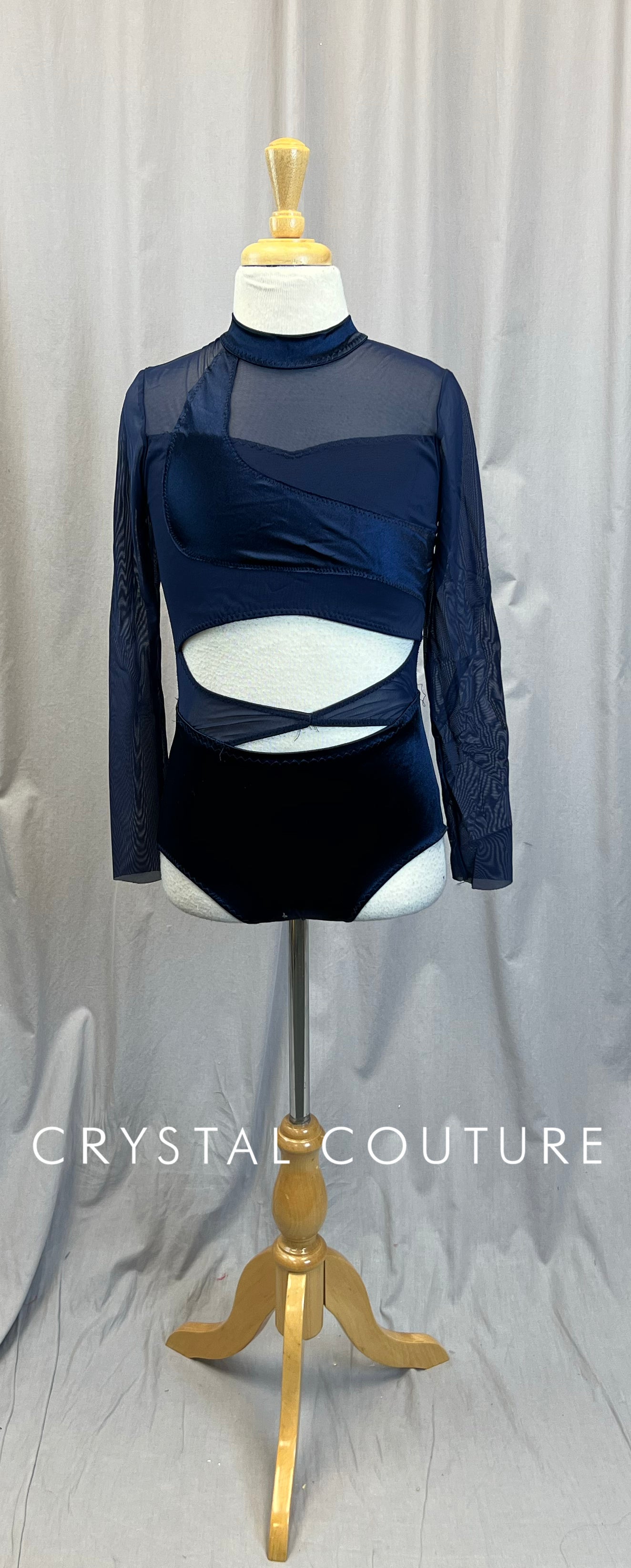 Custom Navy Long Mesh Sleeve Leotard With Cut Outs