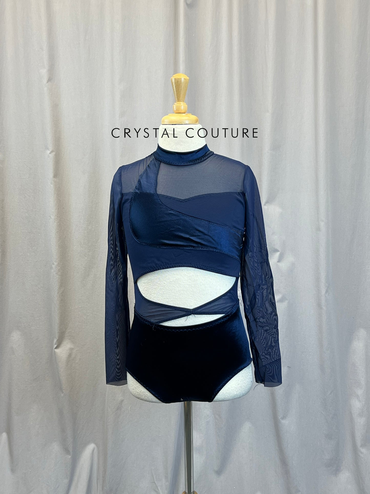 Custom Navy Long Mesh Sleeve Leotard With Cut Outs