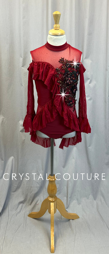 Deep Red Sleeveless Leotard With Red Mesh Longsleeve Flutter Sleeves -Rhinestones, Appliques, Hairpiece