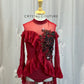 Deep Red Sleeveless Leotard With Red Mesh Longsleeve Flutter Sleeves -Rhinestones, Appliques, Hairpiece