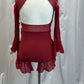 Deep Red Sleeveless Leotard With Red Mesh Longsleeve Flutter Sleeves -Rhinestones, Appliques, Hairpiece
