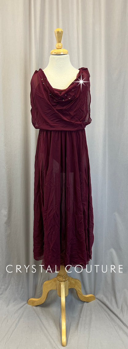 Maroon Full Length Mesh Cowl Dress - Rhinestones
